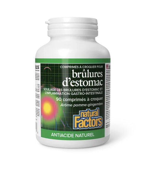 Brûlures D'estomac - Antiacide naturel, Soulage inflammation gastro-intestinale - Natural Factors -  90 comprimés à croquer